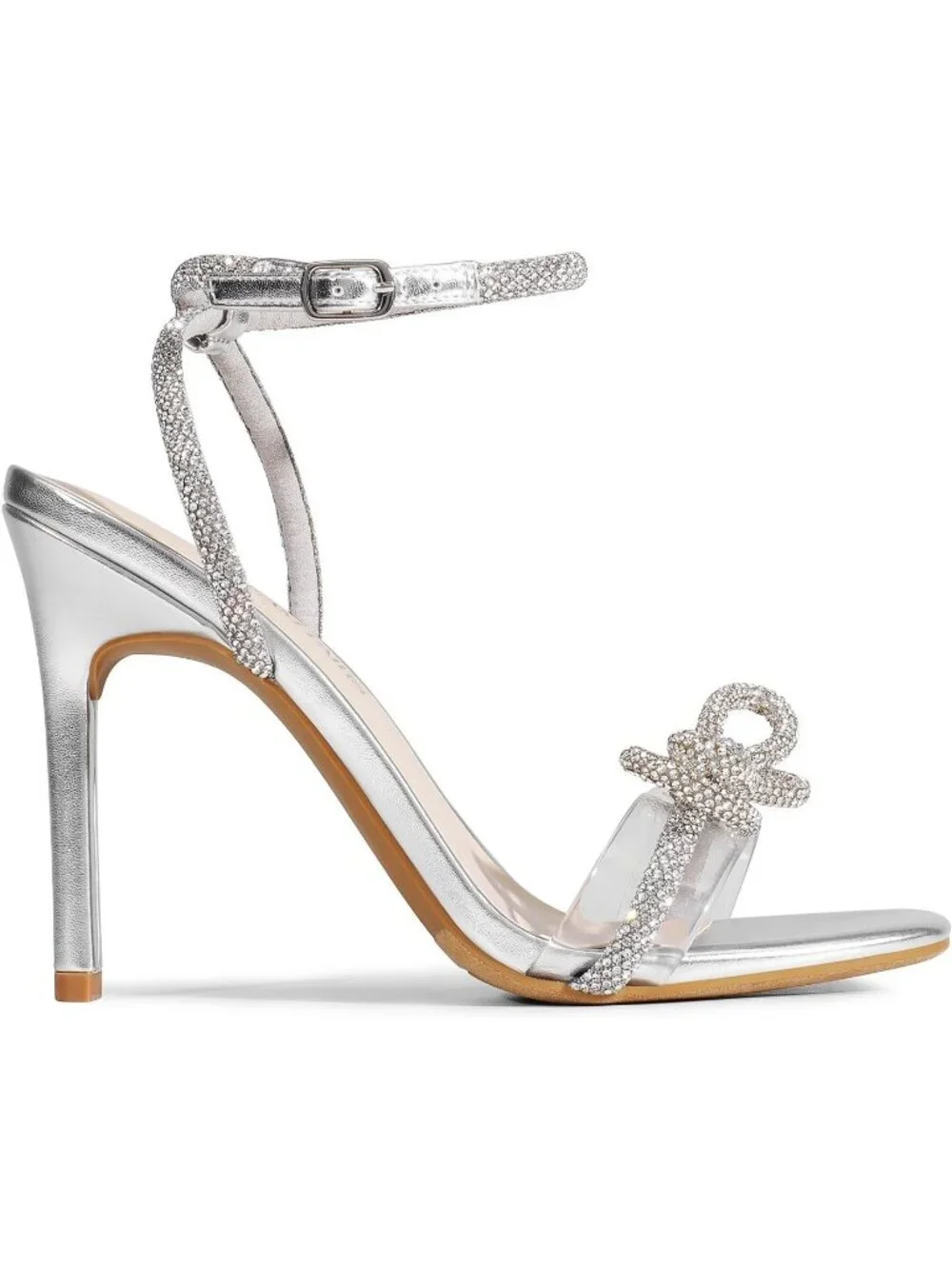 Women's Silver Double Bowknots Crystal Clear Slingback Square Toe Wedding Heels